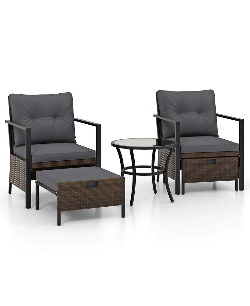 Gymax Set of 5 Furniture Rattan Chairs & Ottomans w/ Glass Topped Coffee Table Patio