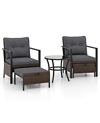 Gymax Set of 5 Furniture Rattan Chairs & Ottomans w/ Glass Topped Coffee Table Patio