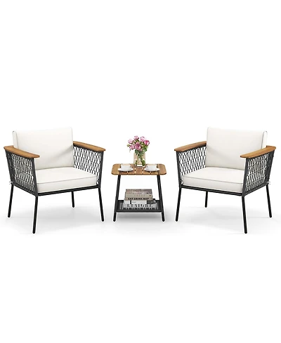 Gymax Set of 3 Furniture Set w/ 2-Tier Coffee Table Acacia Wood Armrests Tabletop Patio