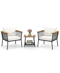 Gymax Set of 3 Furniture Set w/ 2-Tier Coffee Table Acacia Wood Armrests Tabletop Patio
