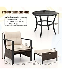 Gymax Set of 5 Furniture Rattan Chairs & Ottomans w/ Glass Topped Coffee Table Patio