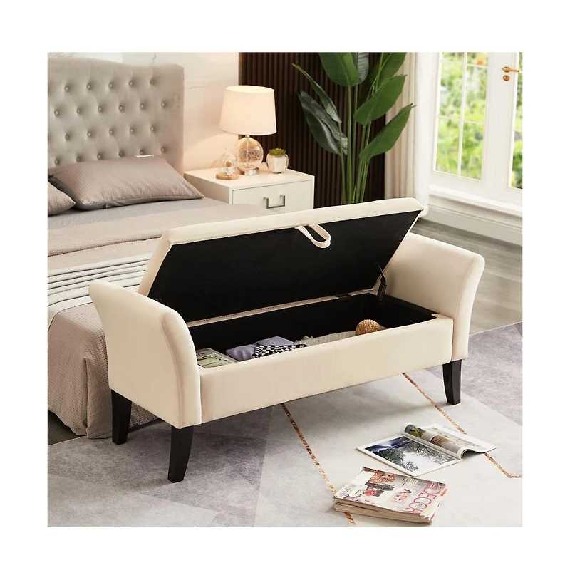 51.5 Inch Velvet Storage Bench with Curved Arms, Upholstered Tufted Ottoman for Bedroom, Entryway, and Living Room-The Pop Home
