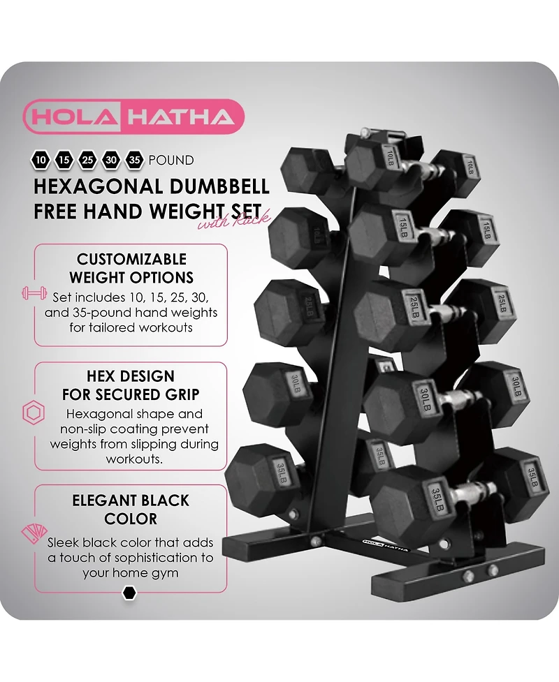 HolaHatha 10, 15, 25, 30 & 35 Lb Hexagonal Dumbbell Weight Set w/ Rack, Black
