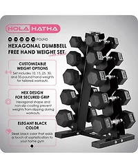 HolaHatha 10, 15, 25, 30 & 35 Lb Hexagonal Dumbbell Weight Set w/ Rack, Black