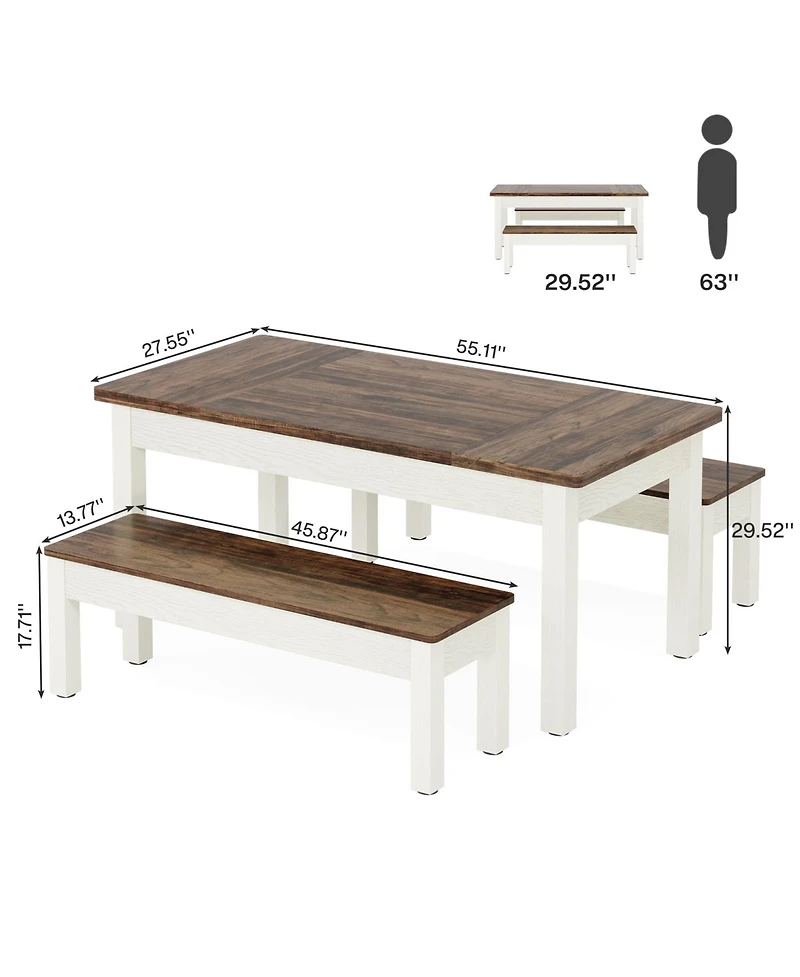 Tribesigns 55-Inch Large Dining Table Set for 4-6, 3 Pieces Wood Kitchen Table with 2 Benches, Rectangular Dinner Room Table Set for Kitchen, Dining R