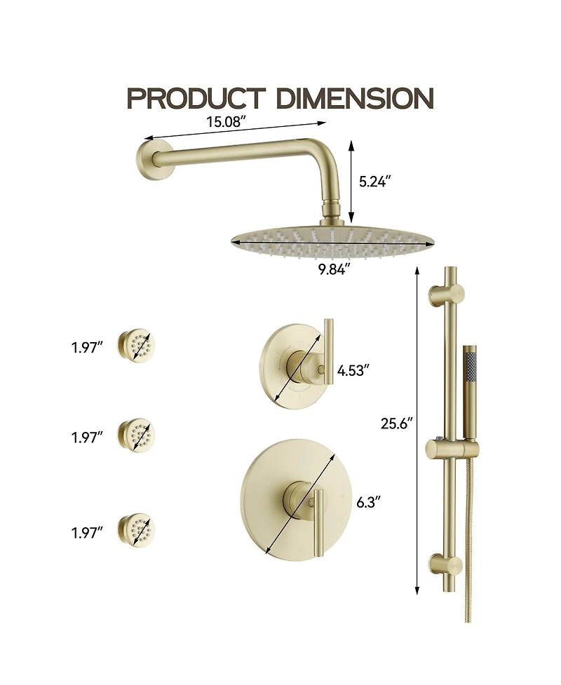 10-Inch Rainfall Shower System with Body Jets, Handheld & Side Spray, Adjustable Lift Rod All-Brass High-Pressure Faucet Set, Brush