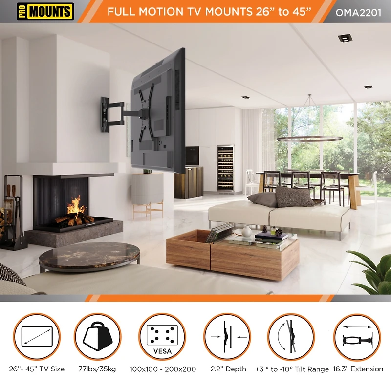 ProMounts Articulating/Full Motion Tv Wall Mount for TVs 26"-45" Up to 77 lbs