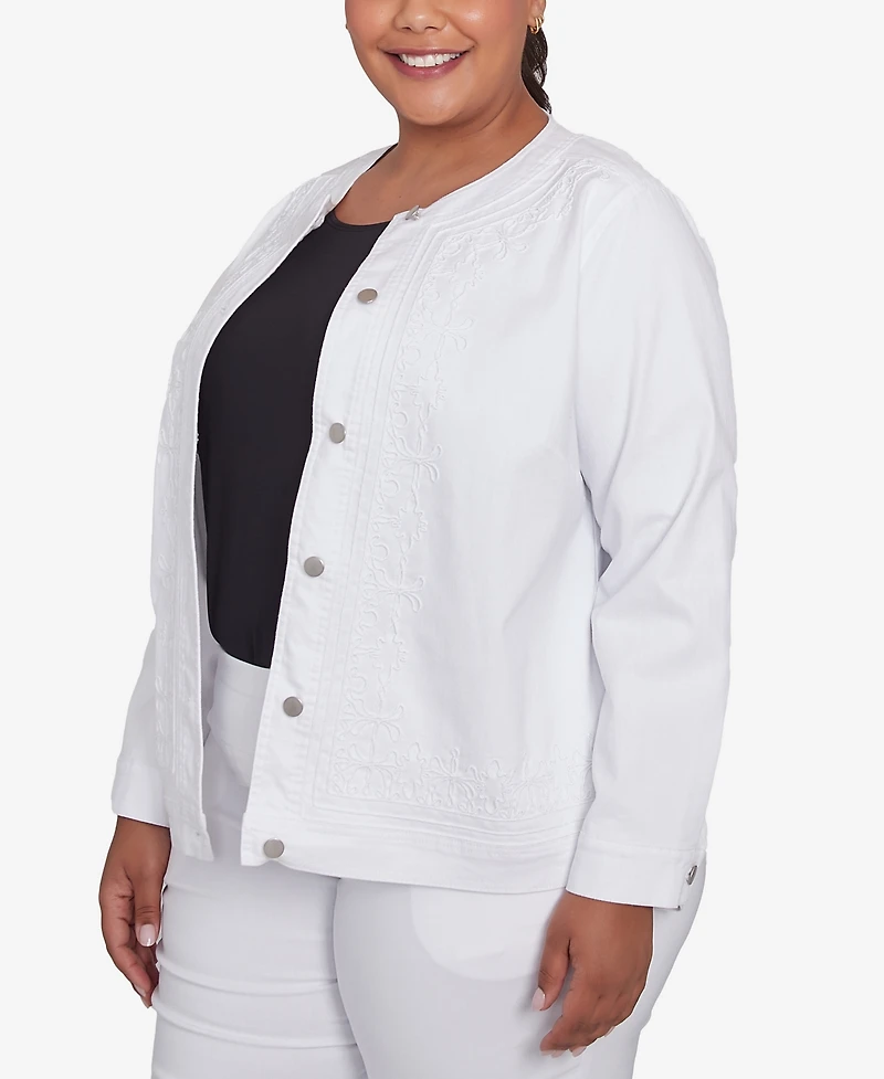 Ruby Rd. Plus White Stretch Denim Embroidered Jacket