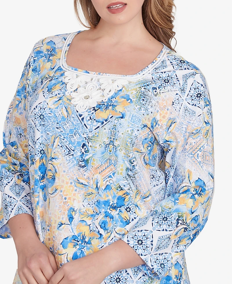 Ruby Rd. Plus Size Watercolor Floral Patchwork 3/4 Sleeve Top