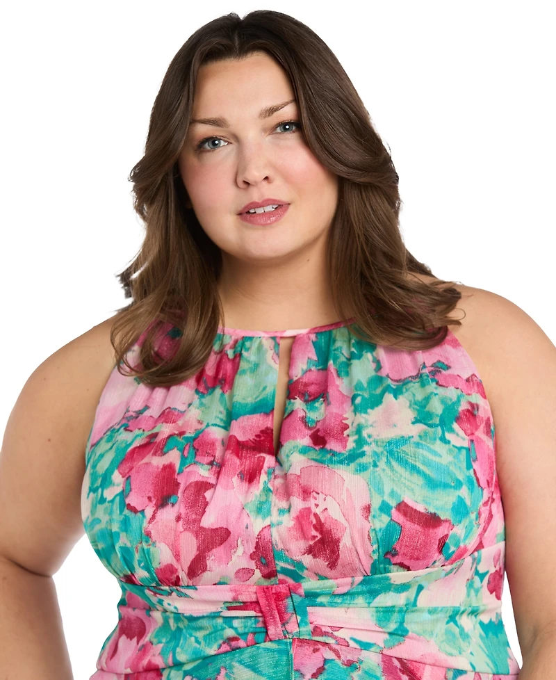 R & M Richards Plus Printed Overlay-Skirt Maxi Dress