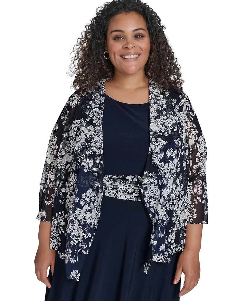 Jessica Howard Plus 2.Pc Floral-Chiffon 3/4-Sleeve Jacket & Sleeveless Midi Dress
