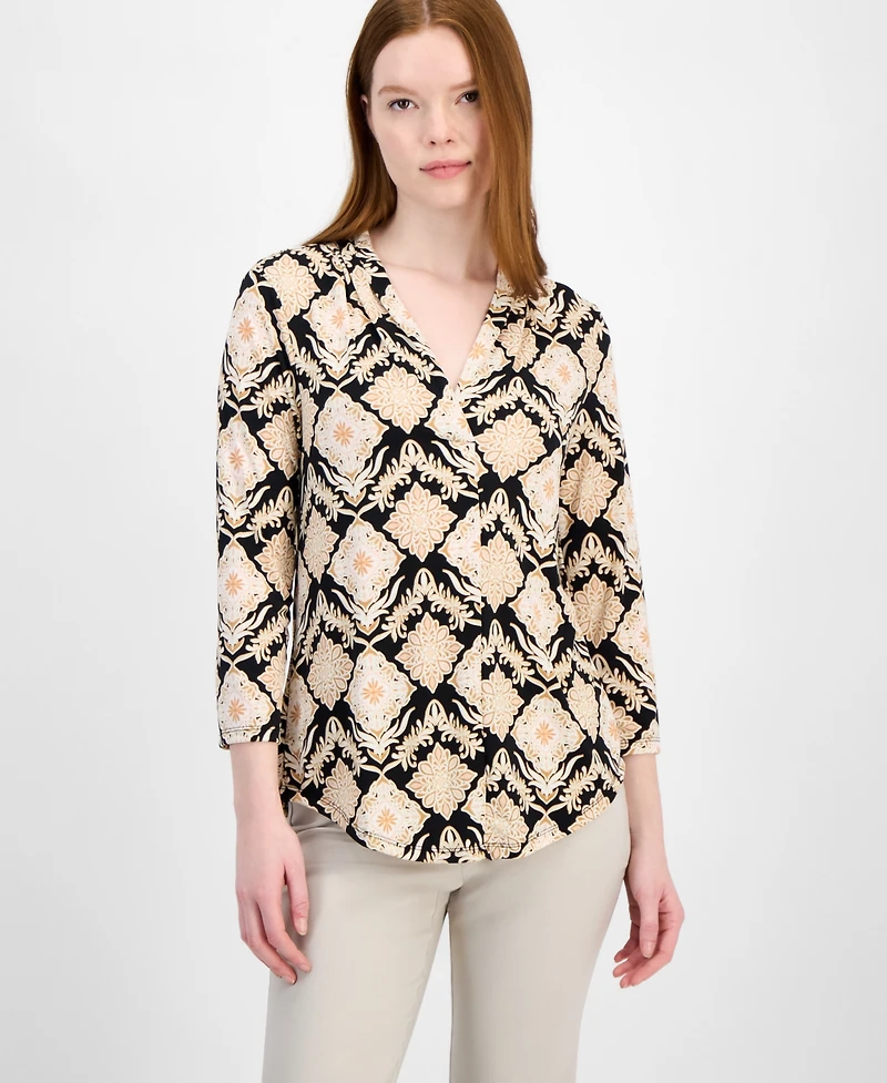 Jm Collection Women's Printed 3/4 Sleeve V-Neck Knit Top