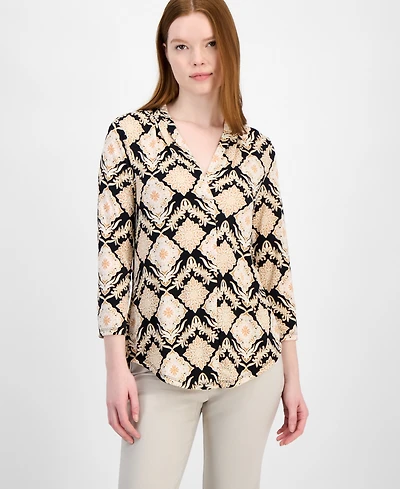 Jm Collection Women's Printed 3/4 Sleeve V-Neck Knit Top