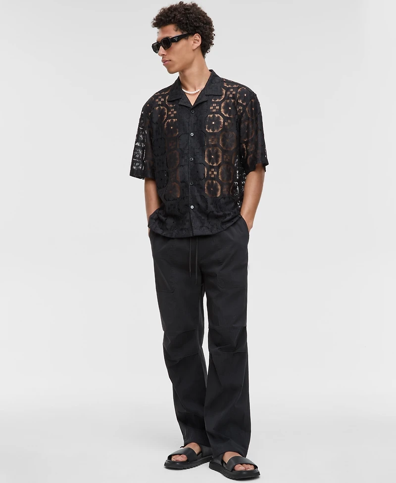 Mode of One Men's Relaxed-Fit Textured Geometric Lace Button-Down Camp Shirt, Exclusively at Macy's