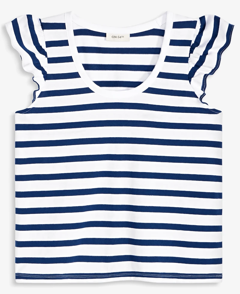 On 34th Women's Striped Flutter-Sleeve Voop-Neck T-Shirt, Exclusively at Macy's