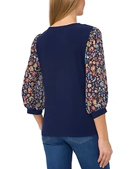 CeCe Women's Mixed-Media Floral-Sleeve Round-Neck Top