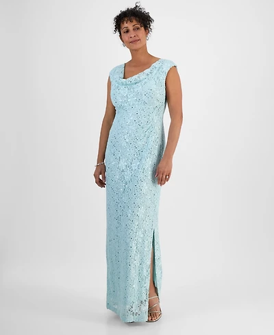 Connected Sequined Lace Cowl-Neck Gown