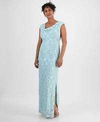 Connected Sequined Lace Cowl-Neck Gown