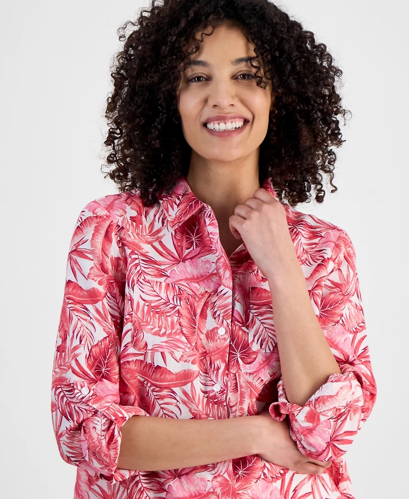 Charter Club Petite 100% Linen Printed Button-Front Shirt, Exclusively at Macy's
