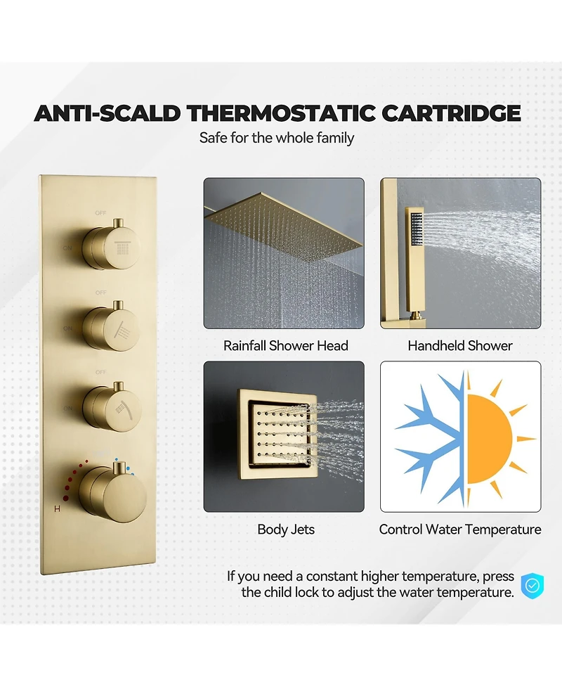 Luxury Thermostatic Shower System with Body Jets, Square Rainfall Head Handheld Shower, Temperature Control, Brushed Gold