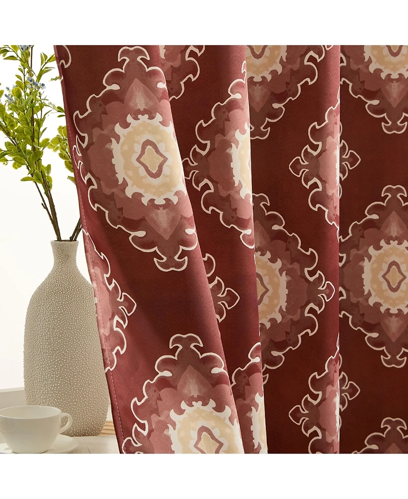 Hlc.me Liam Ogee Ikatt Damask Patterned Window Grommet Curtains Bedroom - Light Blocking Darkening Window Panels, Set of 2 (Spice Red