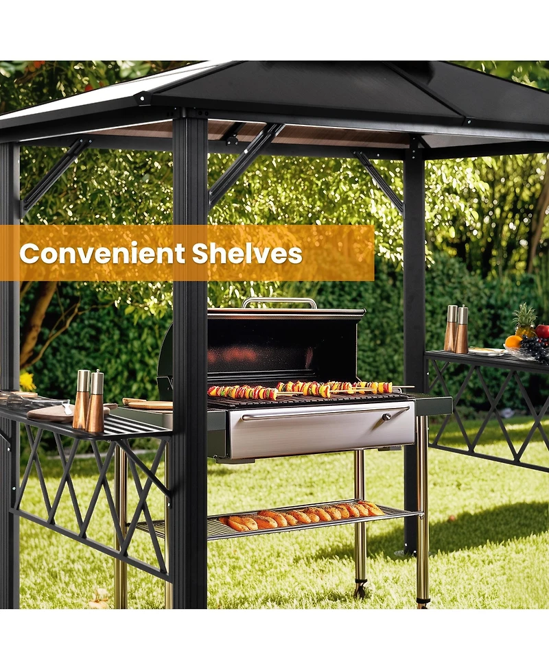 8×5 Feet Gray Hardtop Grill Gazebo Canopy with 2-Tier Pc Roof with Side Shelves