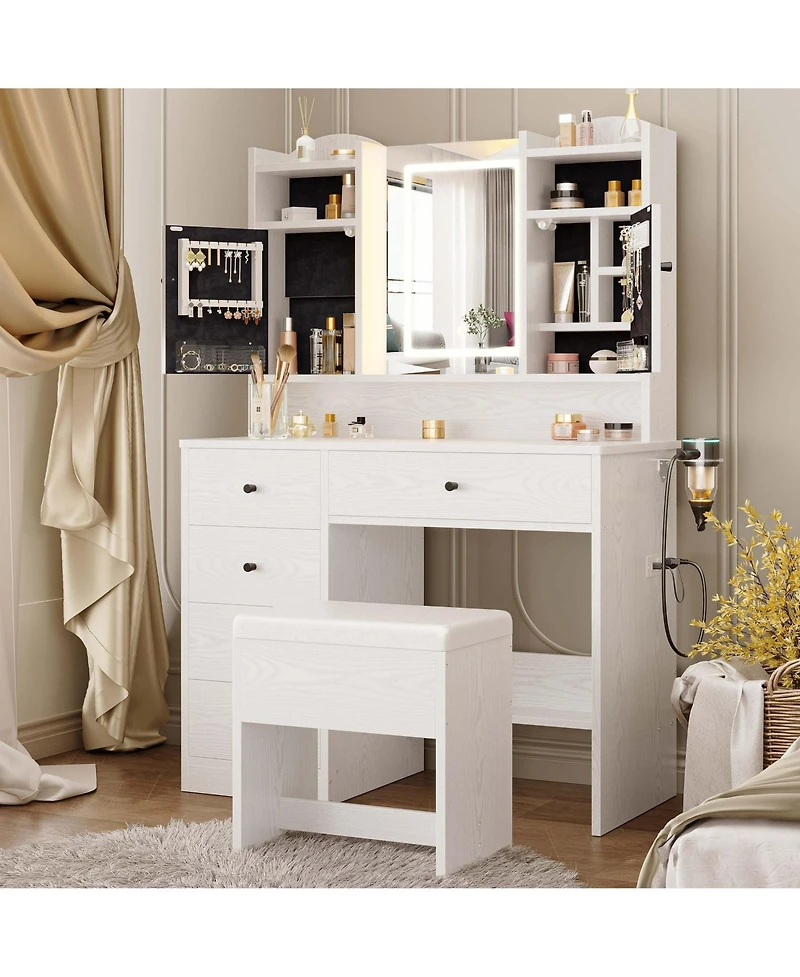 White Vanity Set with Mirror and Lights , Makeup Vanity Desk with Jewelry Armoire & Charging Station & 5 Drawers
