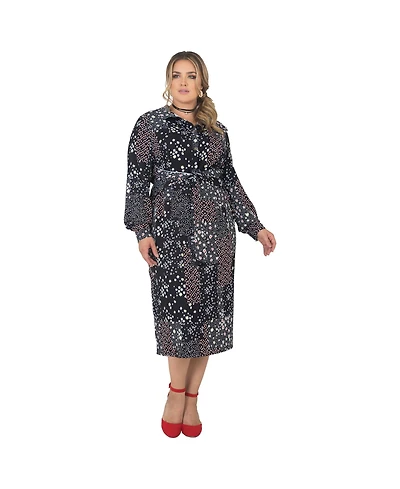Standards & Practices Plus Long Sleeve Midi Shirt Dress Floral Print Tie-Front