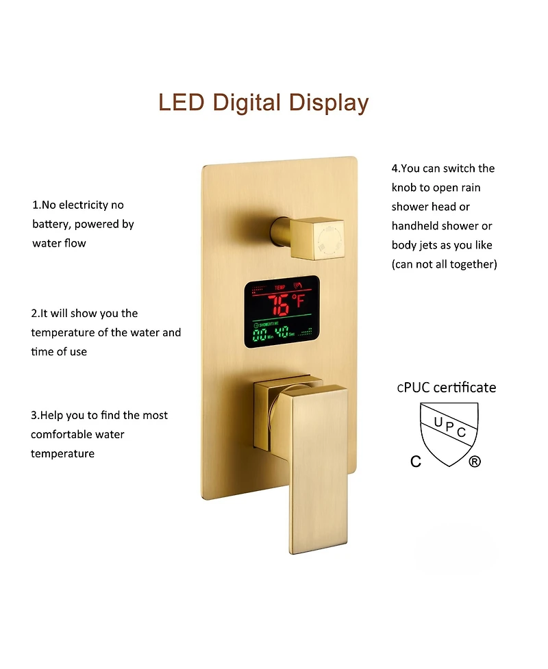 Brushed Gold Wall Mount Thermostatic Rain Shower System with Handheld Shower Shower System with Side Body Jets and Digital Display