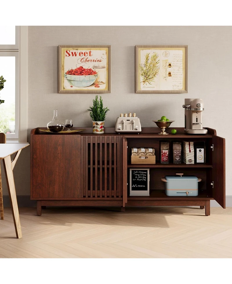 Storage Cabinet, 63" Large Buffet Cabinet with Shelves and Grille Doors