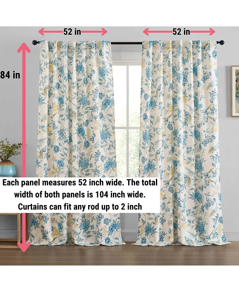 Hlc.me Scarlet Floral & Birds Patterned Back Tab Rod Pocket - Light Blocking Darkening Window Panels, Set of 2 (Grey, 52 W x 84 L)