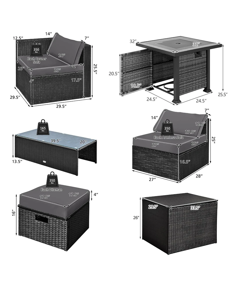 Gymax 9PCS Furniture Set w/ 32'' Fire Pit Table 50,000 Btu Square Propane Fire Pit Patio
