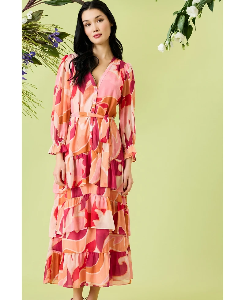 Donna Morgan Women's Floral-Print Belted Tiered Shirtdress