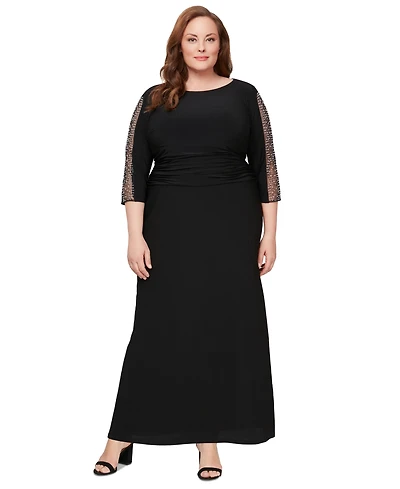 Sl Fashions Plus Embellished-Sleeve Ruched Gown