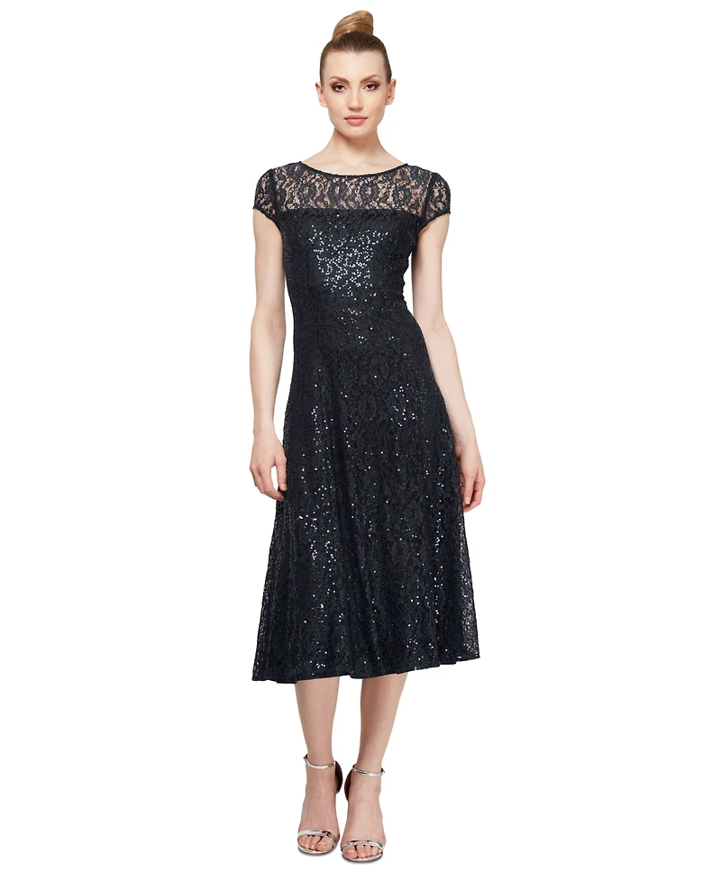 Sl Fashions Petite Sequined Lace Cap-Sleeve Dress