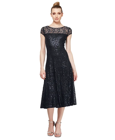 Sl Fashions Petite Sequined Lace Cap-Sleeve Dress