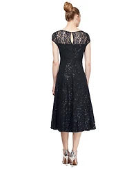 Sl Fashions Petite Sequined Lace Cap-Sleeve Dress