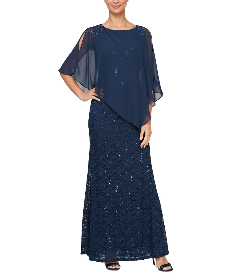 Sl Fashions Petite Round-Neck Sequin Lace Cape Dress