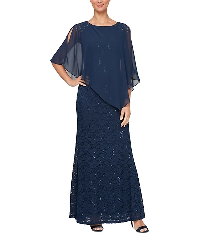 Sl Fashions Petite Round-Neck Sequin Lace Cape Dress