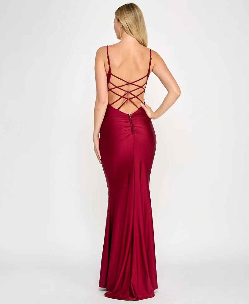 Crystal Doll Juniors' Ruched Strappy-Back Satin Gown