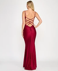 Crystal Doll Juniors' Ruched Strappy-Back Satin Gown