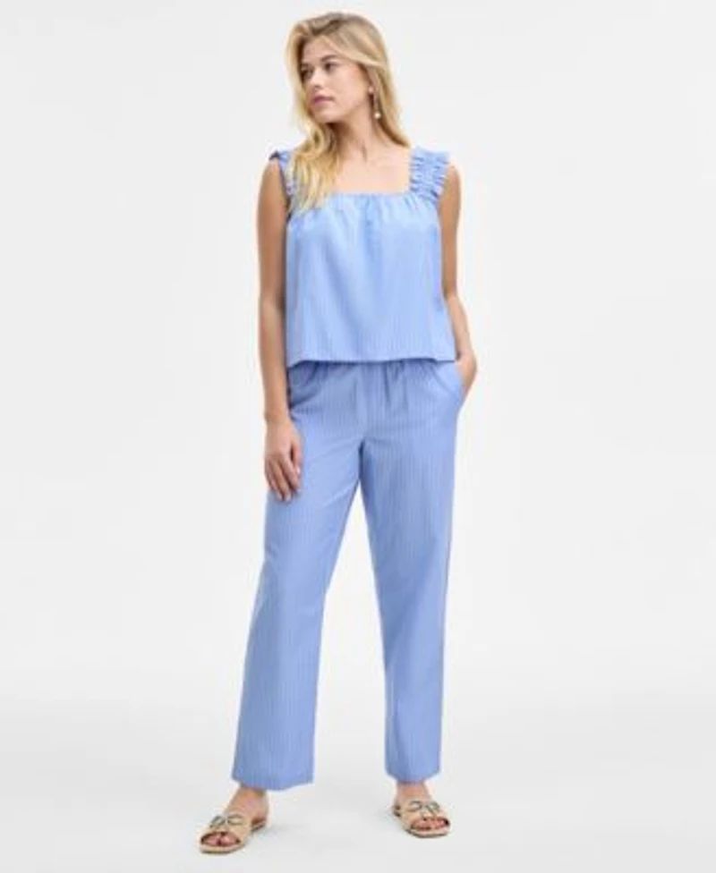 On 34th Womens Ruched Strap Striped Shirting Tank Easy Striped Pull On Pants Exclusively At Macys