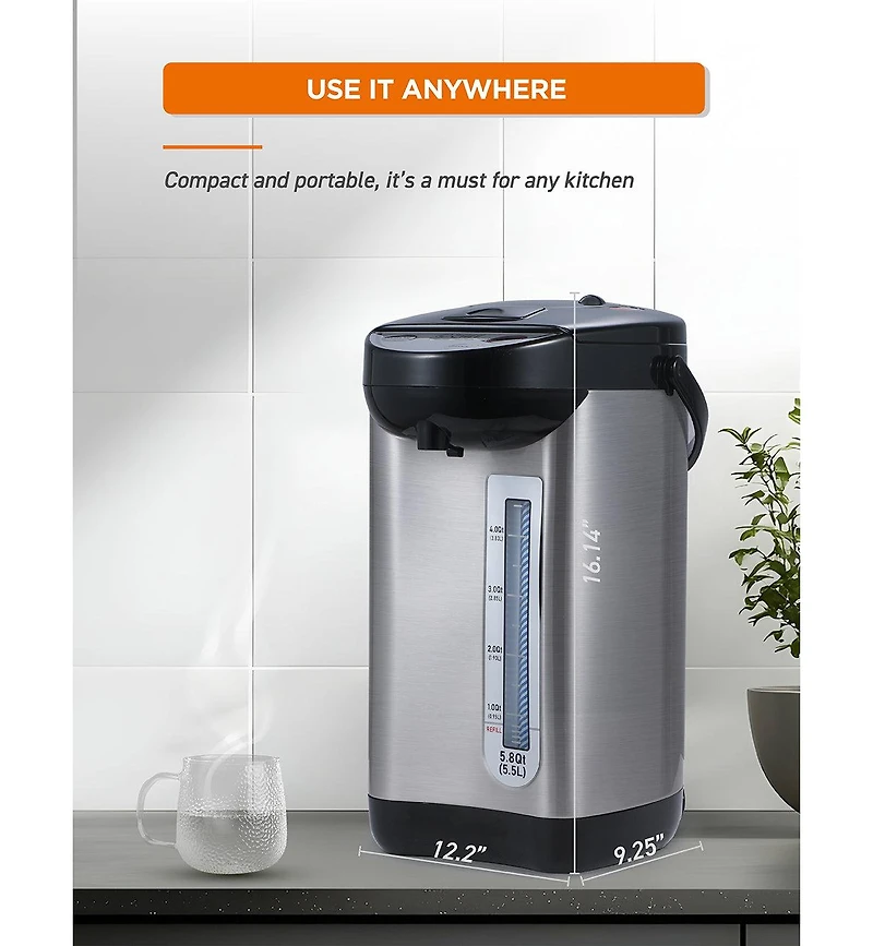 Commercial Chef Electric Hot Water Dispenser, 750W Stainless Steel Water Boiler with 5.8 Qt. Capacity, 360-Degree Base, 3 Dispensing Modes, Chlorine R