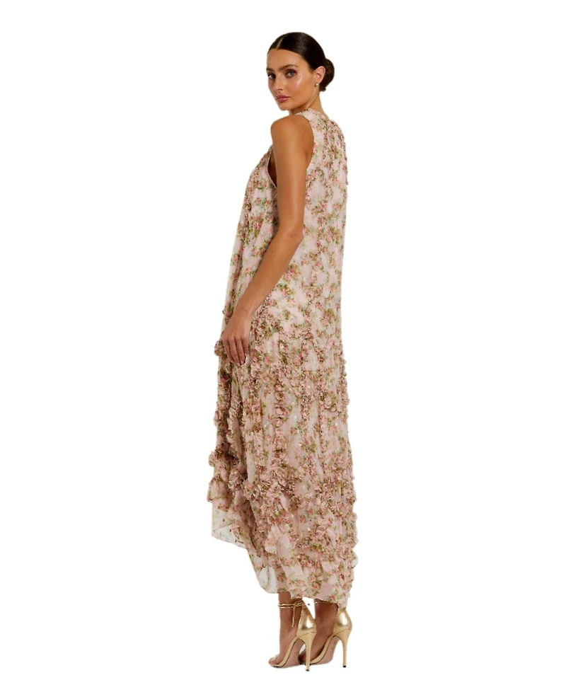 Mac Duggal Women's Sleeveless Floral Print Chiffon Micro Ruffle Gown