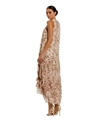 Mac Duggal Women's Sleeveless Floral Print Chiffon Micro Ruffle Gown