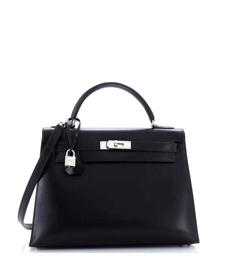 Pre-Owned Hermes Kelly 32 Handbag Black Box Calf with Palladium Hardware