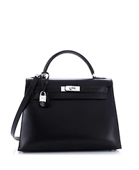 Pre-Owned Hermes Kelly 32 Handbag Black Box Calf with Palladium Hardware