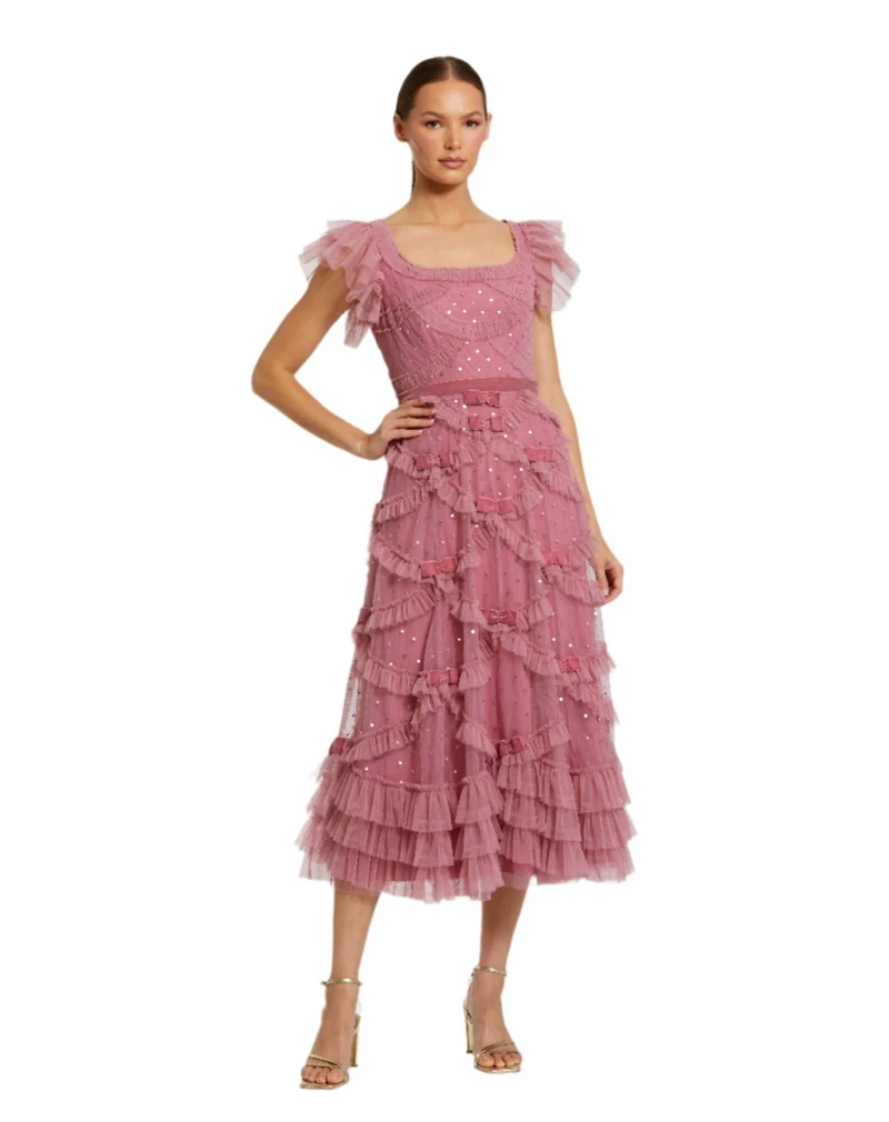Mac Duggal Women's Dot Net Sequin Ruffle Sweetheart Neck Midi Dress