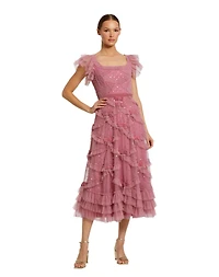 Mac Duggal Women's Dot Net Sequin Ruffle Sweetheart Neck Midi Dress