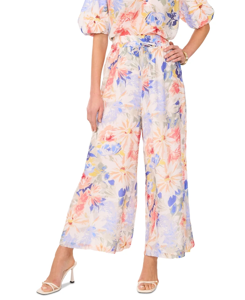 Vince Camuto Women's Floral-Printed Angled-Hem Wide-Leg Pants
